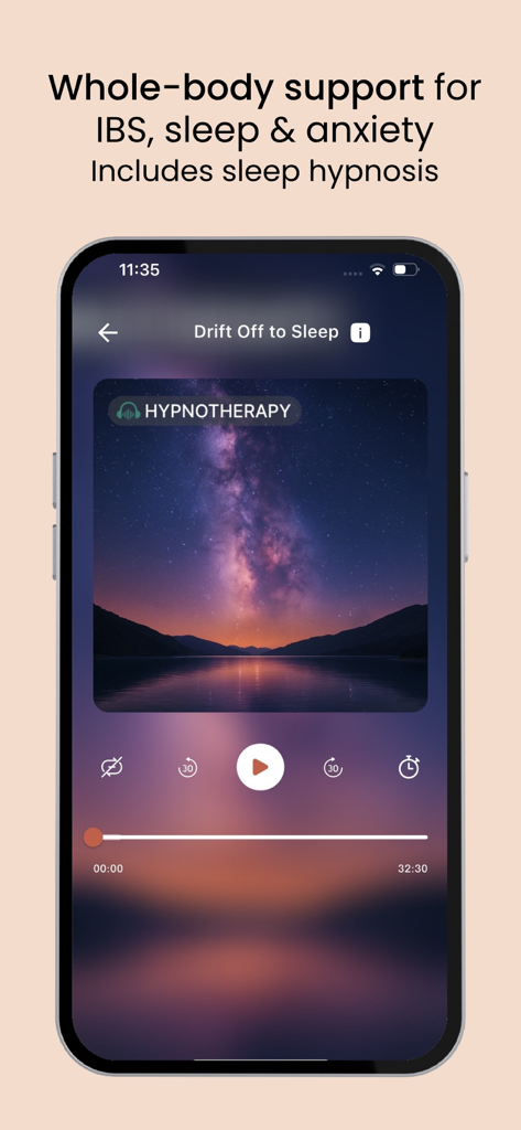 The Calm Gut: IBS Hypnotherapy - The Calm Gut app interface showing a sleep hypnosis audio player with a starry night and mountain landscape background.