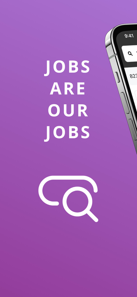 Caterer Job Search 앱 인터페이스가 "Jobs Are Our Jobs"라는 슬로건과 보라색 배경의 검색 아이콘을 보여줌