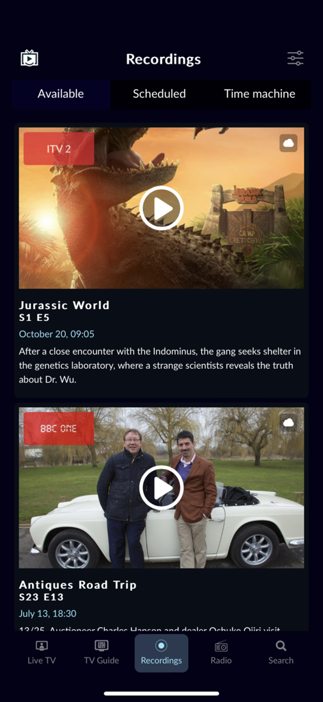 TeeVeeing app interface showing available recordings from European channels like ITV and BBC