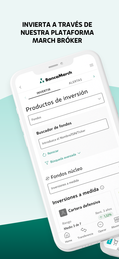 Smartphone screen of Banca March app displaying the March Broker platform for searching investment funds and managing portfolios.