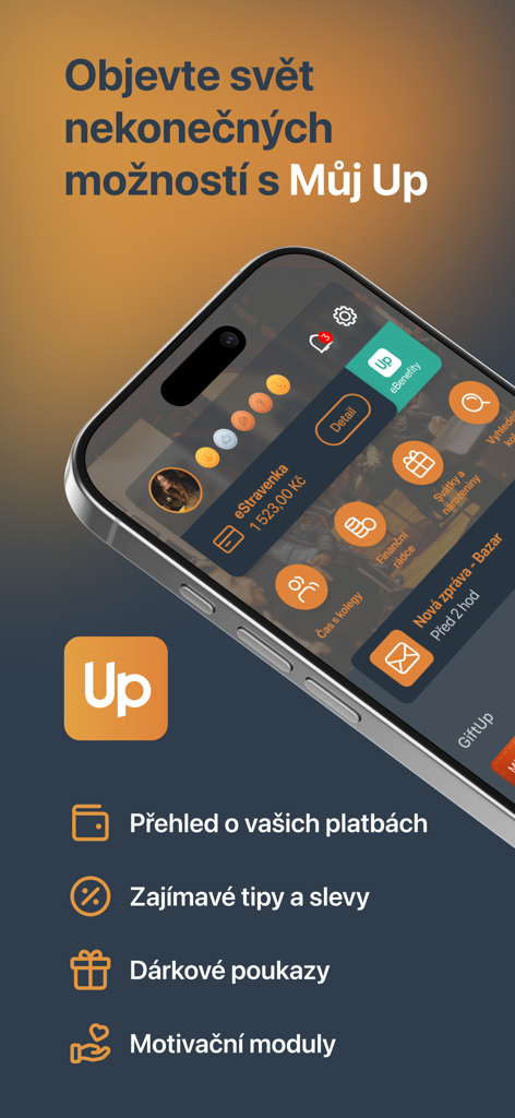 Um smartphone mostrando a interface do aplicativo Můj Up com benefícios de funcionário, como vales-refeição e rastreamento de pagamentos.