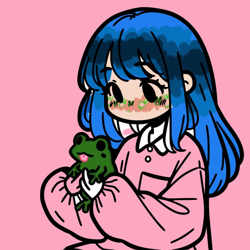 girl with long hair and a oversized shirt. and she is holding a frog