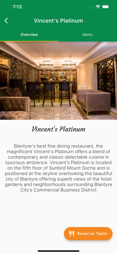 Sunbird Hotels & Resorts - Vista interior del elegante restaurante Vincents Platinum en el hotel Sunbird Mount Soche