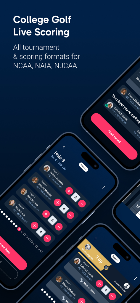 Scoreboard Live Scoring - Interfaz de la aplicación Scoreboard Live Scoring para torneos de golf colegial mostrando puntuaciones hoyo por hoyo y listas de jugadores