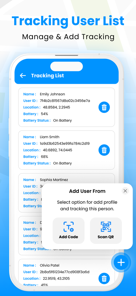 GPS Phone Tracker & Location - Tela de lista de usuários de rastreamento mostrando localização e status da bateria dos contatos com opções para adicionar novos usuários via código QR ou código