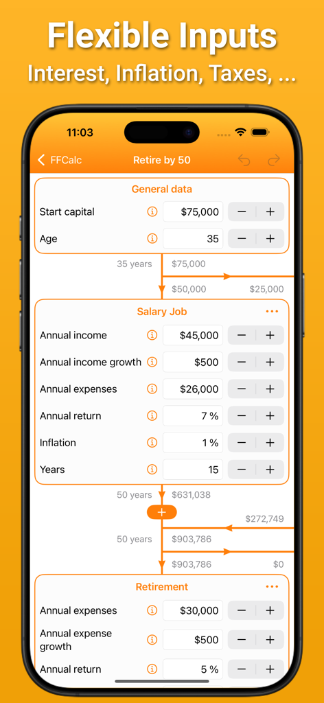 Interface of the FFCalc app showing flexible input fields for start capital, age, income, and expenses to calculate early retirement.