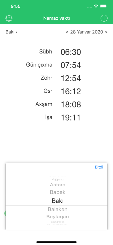 App mobile Namaz vaxti che mostra gli orari di preghiera giornalieri e la selezione della città per l'Azerbaigian