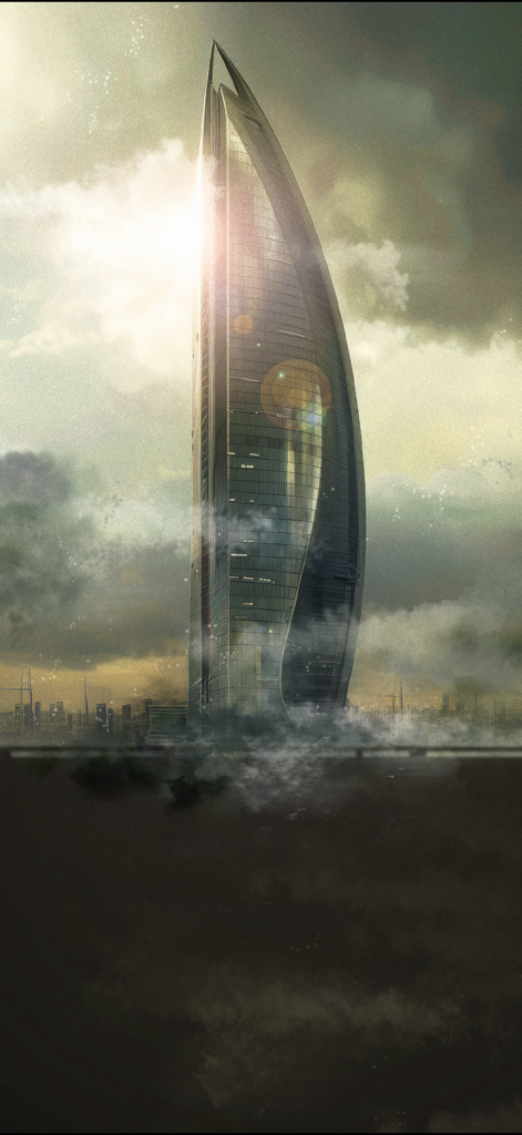 Tsukuyomi: The Divine Hunter - A sleek futuristic skyscraper called The Hashira rising above a misty city skyline in modern Tokyo