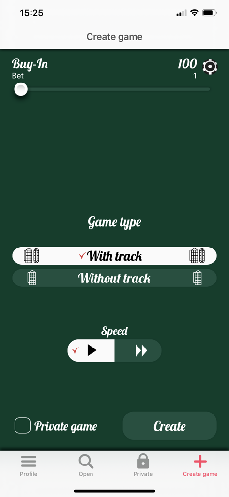 Menú de configuración para crear una nueva partida de ruleta online con opciones de velocidad de compra y tipo de pista