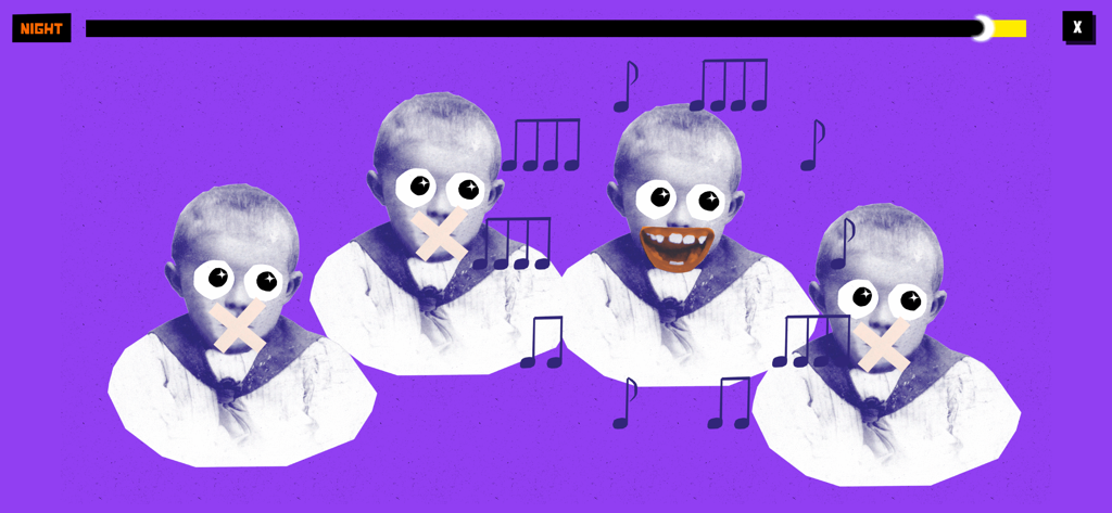 Real Vampires - A surreal mini game screen featuring collage style children with googly eyes and musical notes on a purple background