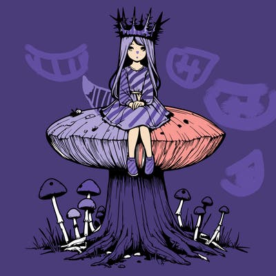 realistic girl sitting on a huge tree stump size toadstool with thorn crown
