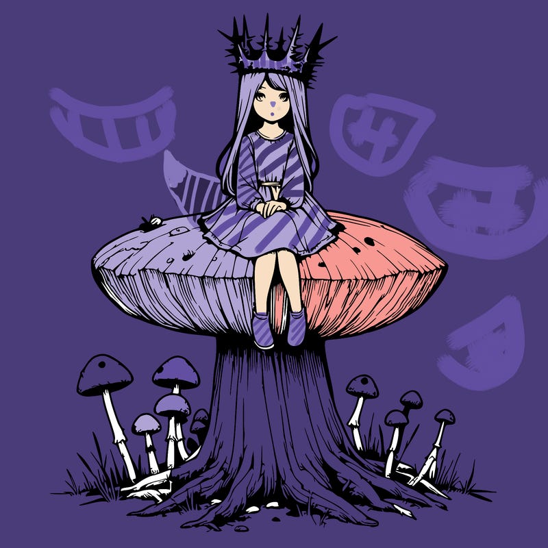realistic girl sitting on a huge tree stump size toadstool with thorn crown