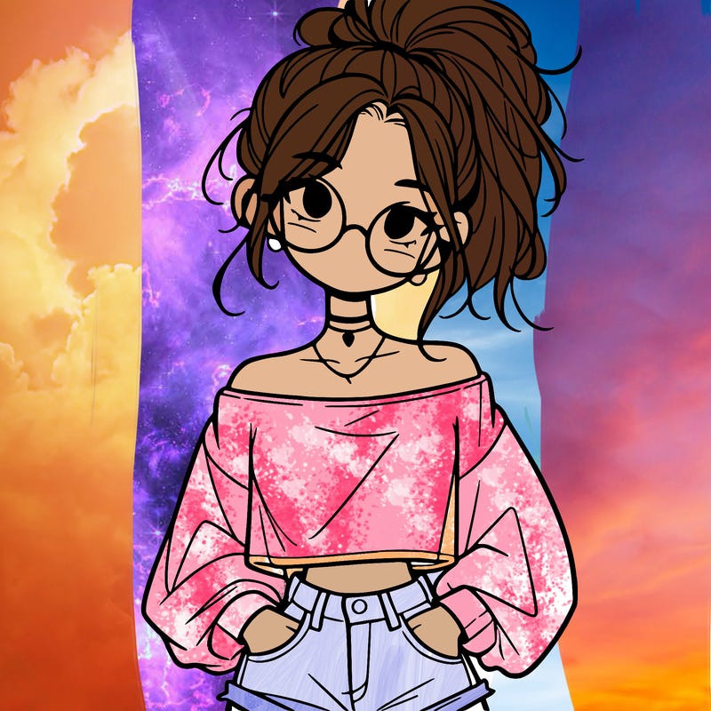 girl with a messy ponytail glasses a baggy crop top and jean shorts