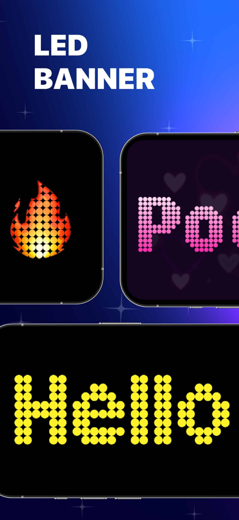 LED Banner app interface showing digital scrolling text with fire icon and hello message on smartphone screens