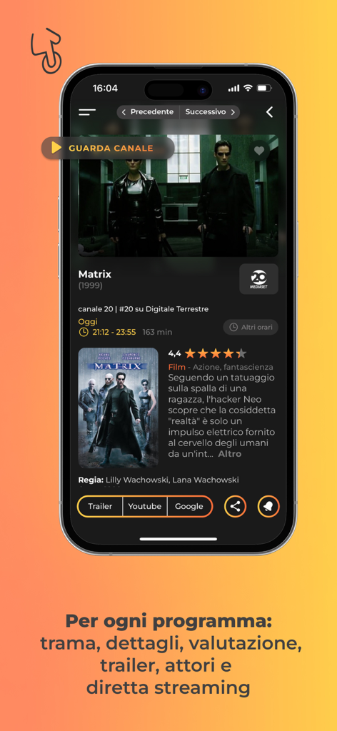 Guida Programmi TV - Una pantalla de móvil que muestra información detallada de películas, incluyendo argumento y calificación, en la aplicación Guida Programmi TV.