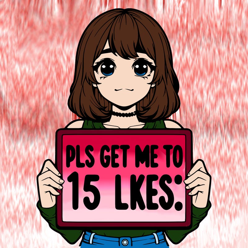 realistic girl holding up a sign that says “pls get me to 15 likes!”