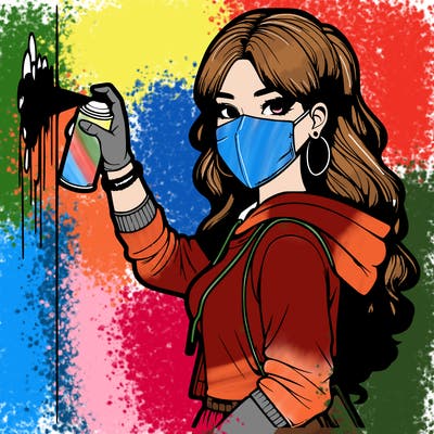 realistic girl with mask spray painting a wall