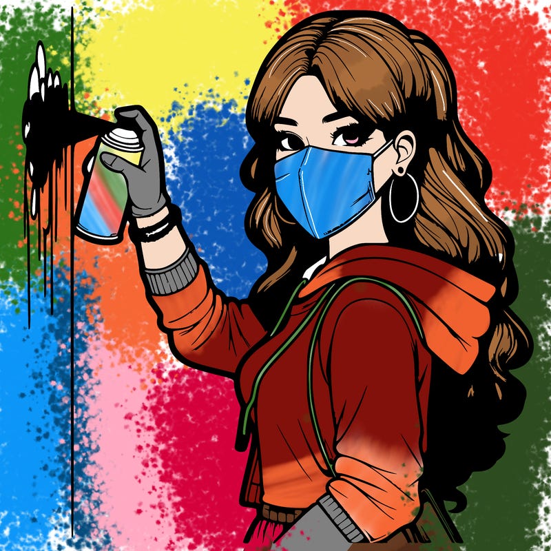 realistic girl with mask spray painting a wall