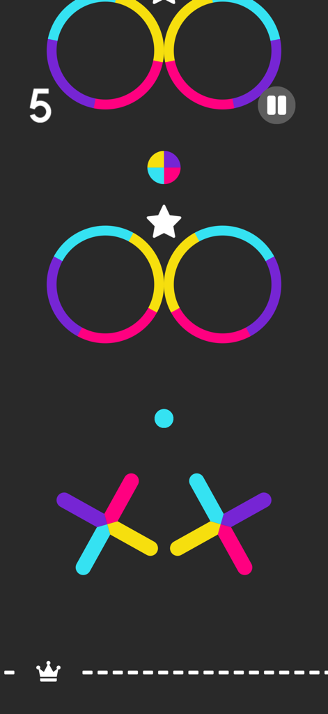 A cyan ball moving through colorful rotating obstacles in Color Switch.