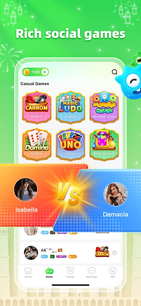 Farah-Chat & Games & Family - Farah app interface showing social games like Ludo and Carrom with a versus match screen between players.