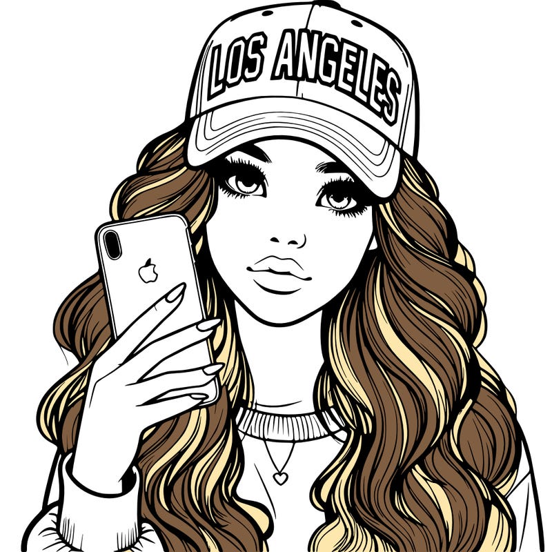 realistic beautiful girl wearing los ángeles cap holding an iphone