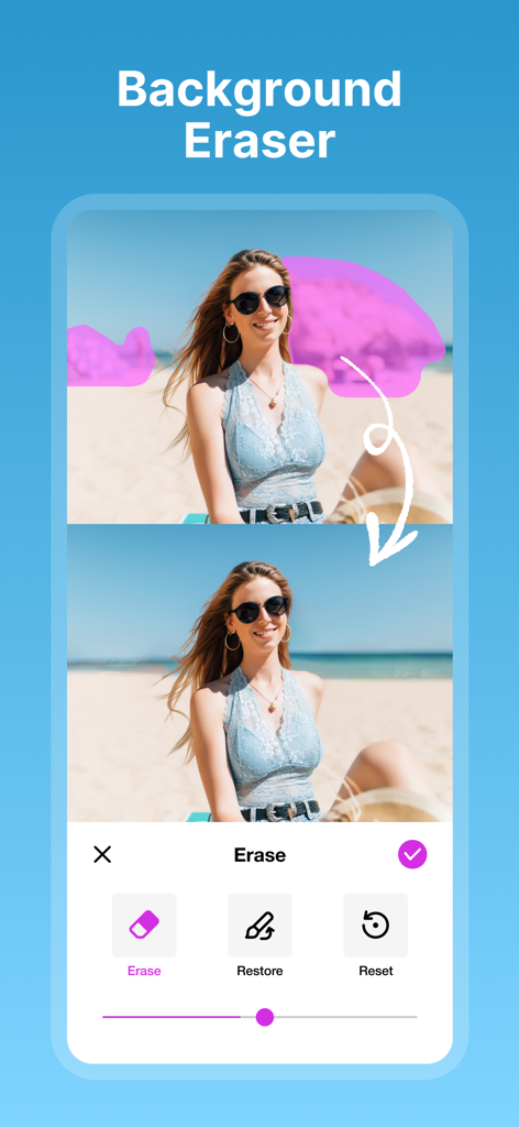 Collage Maker - Photos Editor - Uma demonstração do recurso de apagador de fundo no aplicativo Criador de Colagens mostrando um antes e depois de uma edição de foto em uma praia.