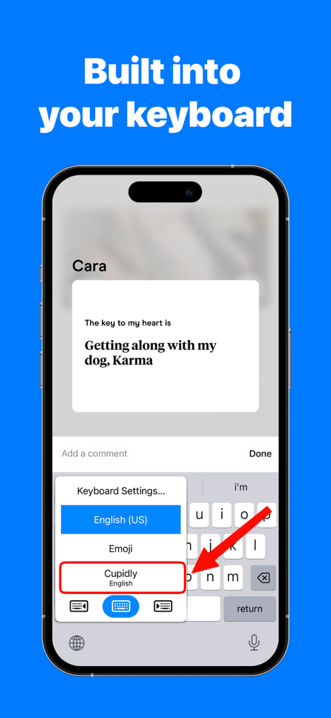 Cupidly. - Smartphone screen showing the Cupidly AI keyboard extension being selected within a dating app interface