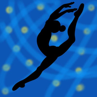 gymnast doing a leap in a leotard with a bent back leg