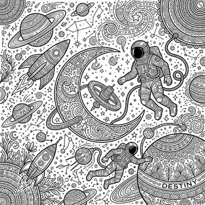 Unleash your creativity with this intricate adult space and sci-fi coloring page. Dive into a detailed nocturnal cosmic scene featuring astronauts, planets, and mesmerizing celestial patterns.