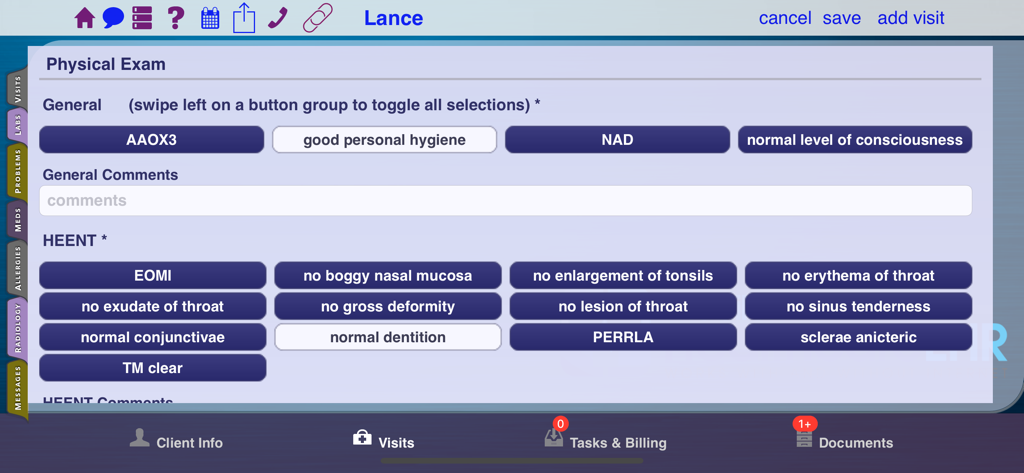 Mobile Healthcare EHR - Mobile Healthcare EHR interface showing a digital physical exam form with selectable clinical findings