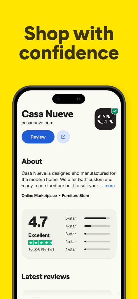 Trustpilot app interface showing an excellent 4.7 star rating for a furniture store under the headline shop with confidence