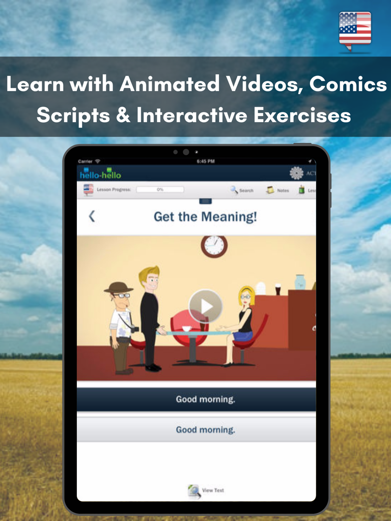 Learn English with Hello-Hello - Lezione video animata di inglese nell'app Hello-Hello mostrata su uno schermo di tablet