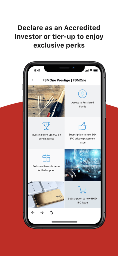 FSMOne - Invest Globally - FSMOne Prestige mobile app screen showing exclusive benefits for accredited investors including IPO access and restricted funds