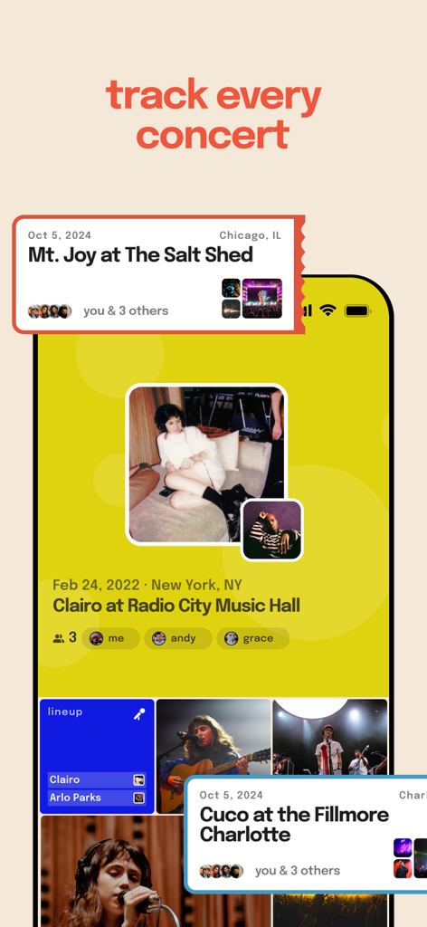 Interface of the Superfan social music app displaying a history of tracked concerts and live music memories.