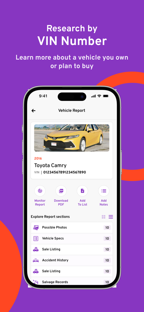 Bumper app vehicle history report showing car details and accident history by VIN number