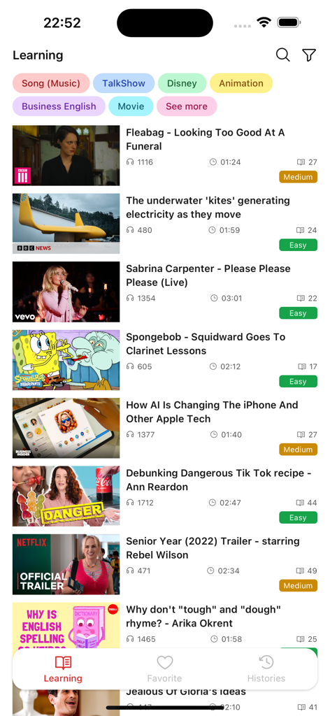 EngTube: Learn English Daily - EngTube app interface showing a list of trending YouTube videos categorized by genre and difficulty for English practice