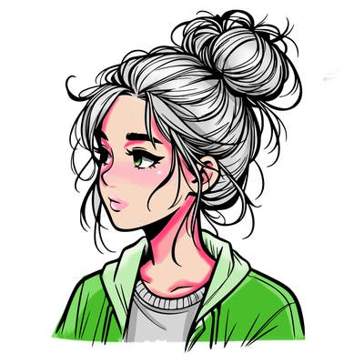 realistic teenage girl with a messy bun