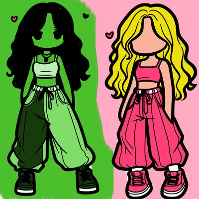 girl in baggy pants crop top and long hair