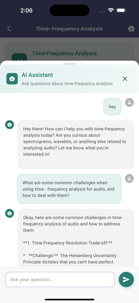 Earo - Earo app AI assistant chat interface showing a conversation about time-frequency audio analysis and technical challenges