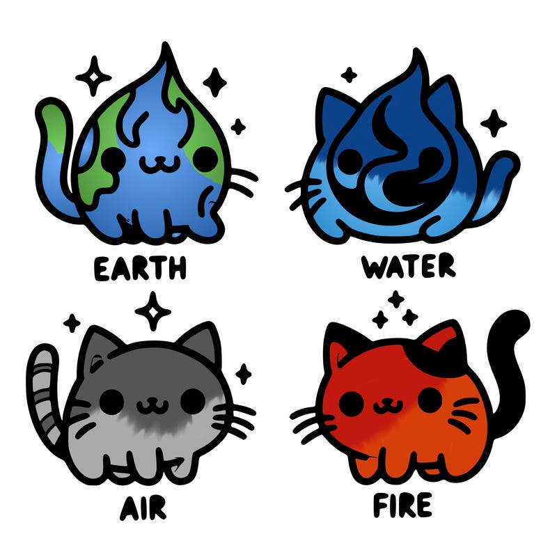 4 cats that represent the different elements, earth, water, air, and fire