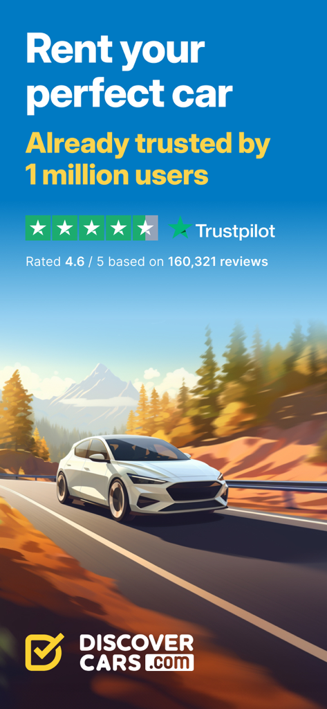 DiscoverCars－Car Rental & Hire - A white car driving through a scenic mountain landscape promoting the DiscoverCars car rental app with its Trustpilot rating