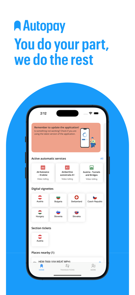 Autopay. Vignettes, motorway - Autopay app dashboard displaying digital vignettes and toll services for European countries