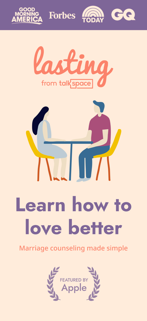 Promotional screen for the Lasting app showing an illustration of a couple with the text Learn how to love better and Marriage counseling made simple.