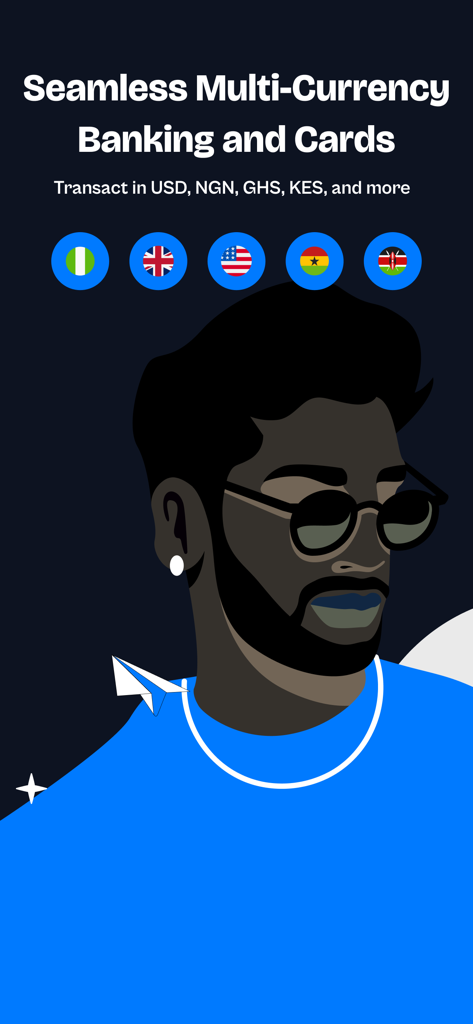 Radius (formerly Pay4Me App) - Graphic showing Radius app multi-currency banking features with international flags and a modern character illustration