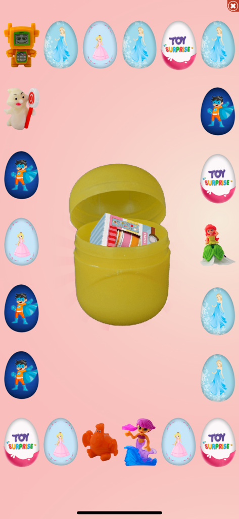 Interface of Surprise Eggs app showing an open yellow egg container revealing a toy surrounded by various colorful surprise eggs