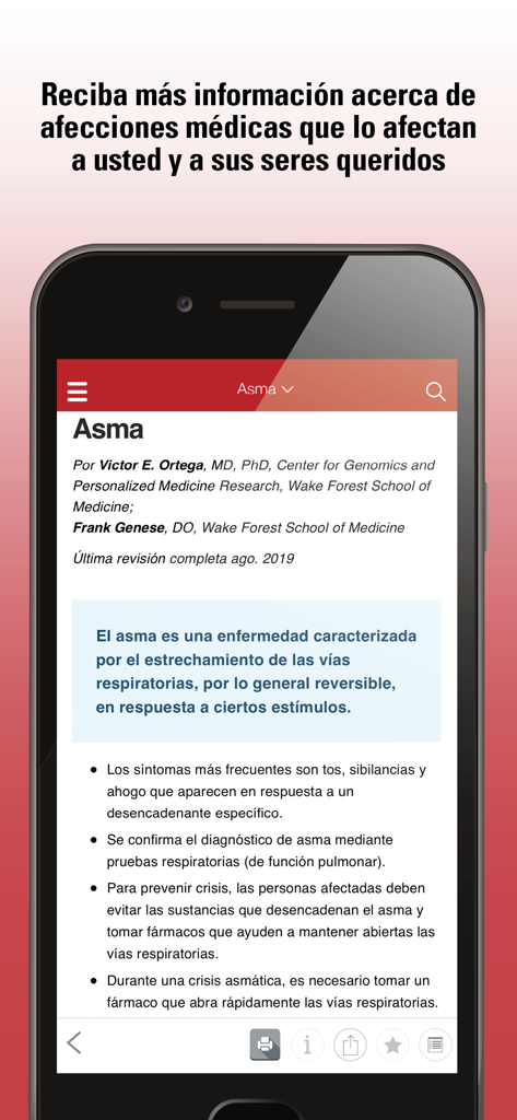 Manual MSD app interface displaying asthma symptoms and information in Spanish