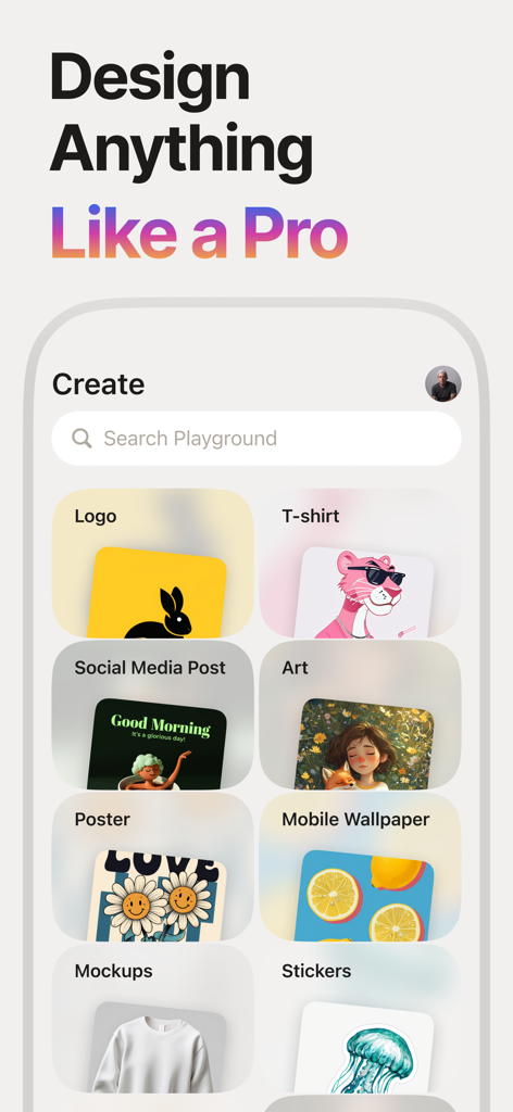 Playground: AI Design & Editor - App interface of Playground AI Design showing creative categories like logos tshirts and social media posts