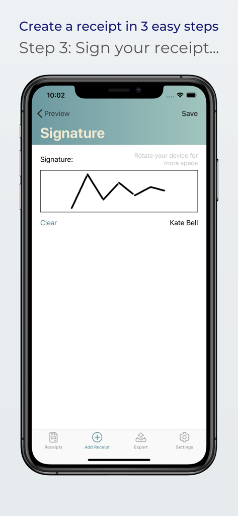Interfaz de firma digital en una aplicación móvil de creación de recibos