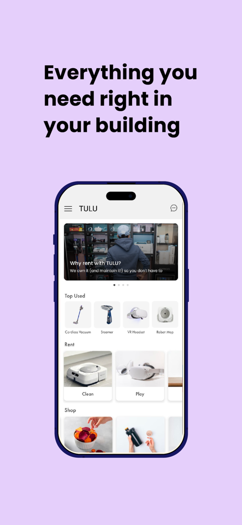 TULU - Own Less, Live More - TULU app interface showing shared household items and gadgets available for rent in urban buildings