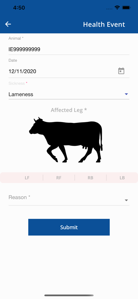 ICBF HerdPlus - Pantalla de la aplicación móvil ICBF HerdPlus para registrar un evento de salud del ganado, como la cojera, con un diagrama interactivo de la vaca.